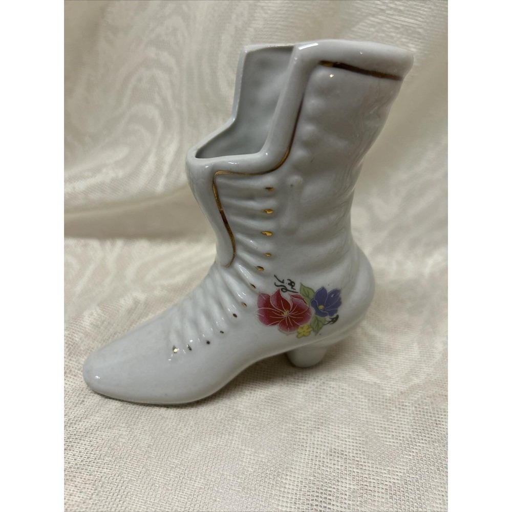 Vintage Porcelain High-Heel Shoe Figurine; Hand Painted Gold Accents, Vase Size